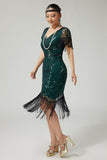Dark Green Sequined Bodycon Fringed 1920s Dress With Short Sleeves