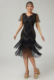 Black Golden Riered Fringed 1920s Dress With Beading