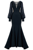 Black Mermaid Long Sleeve Mother of the Bride Dress with Appliques
