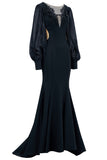 Black Mermaid Long Sleeve Mother of the Bride Dress with Appliques