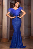 Royal Blue V Neck Mermaid Sequin Formal Dress