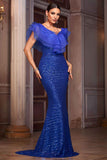 Royal Blue V Neck Mermaid Sequin Formal Dress