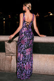 Purple Thick Straps Mermaid Maxi Floral Prom Dress