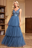 Grey Blue Tiered A Line Thick Straps Long Prom Dress