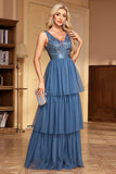 Grey Blue Tiered A Line Thick Straps Long Prom Dress
