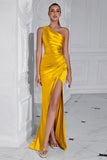 Yellow Mermaid One Shoulder Ruched Maxi Formal Dress with Slit