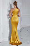Yellow Mermaid One Shoulder Ruched Maxi Formal Dress with Slit