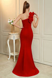 Long One Shoulder Mermaid Red Formal Dress with Slit