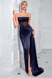 Navy Sheath Corset Satin Strapless Long Prom Dress with Slit