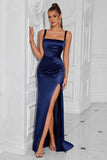 Navy Satin Square Neck Sheath Long Formal Dress with Slit