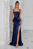 Navy Satin Square Neck Sheath Long Formal Dress with Slit