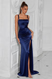 Navy Satin Square Neck Sheath Long Formal Dress with Slit