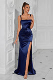 Navy Satin Square Neck Sheath Long Formal Dress with Slit