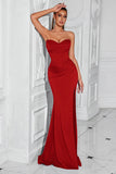 Red Corset Satin Mermaid Long Prom Dress with Slit