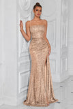 Sparkly Golden Sequin Mermaid Long Prom Dress with Slit