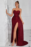 Sparkly Burgundy Sequins Sweetheart Mermaid Long Evening Dress with Slit