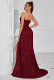 Sparkly Burgundy Sequins Sweetheart Mermaid Long Evening Dress with Slit