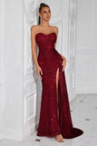 Sparkly Burgundy Sequins Sweetheart Mermaid Long Evening Dress with Slit