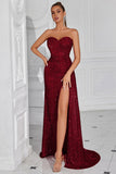 Sparkly Burgundy Sequins Sweetheart Mermaid Long Evening Dress with Slit