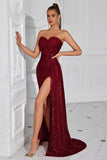 Sparkly Burgundy Sequins Sweetheart Mermaid Long Evening Dress with Slit