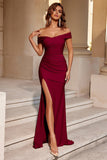 Burgundy Satin Mermaid Off The Shoulder Long Formal Dress with Slit