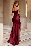 Burgundy Satin Mermaid Off The Shoulder Long Formal Dress with Slit