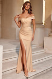 Burgundy Satin Mermaid Off The Shoulder Long Formal Dress with Slit