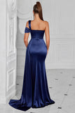 Navy Satin Mermaid One Shoulder Long Formal Dress with Slit