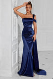 Navy Satin Mermaid One Shoulder Long Formal Dress with Slit