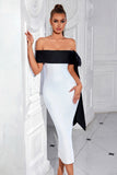 White and Black Bodycon Off The Shoulder Formal Dress with Slit