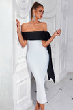 White and Black Bodycon Off The Shoulder Formal Dress with Slit