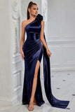 Navy Satin Sheath One Shoulder Ruched Long Formal Dress with Side Cape