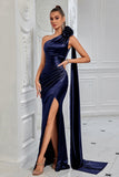 Navy Satin Sheath One Shoulder Ruched Long Formal Dress with Side Cape