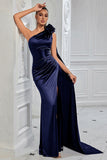 Navy Satin Sheath One Shoulder Ruched Long Formal Dress with Side Cape