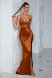 Dark Green Satin Sheath Spaghetti Straps Ruched Long Formal Dress with Slit