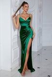 Dark Green Satin Sheath Spaghetti Straps Ruched Long Formal Dress with Slit