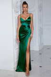 Dark Green Satin Sheath Spaghetti Straps Ruched Long Formal Dress with Slit