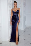 Dark Green Satin Sheath Spaghetti Straps Ruched Long Formal Dress with Slit
