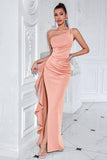 Black One Shoulder Satin Mermaid Long Formal Dress with Ruffles
