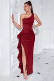 Black One Shoulder Satin Mermaid Long Formal Dress with Ruffles
