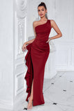 Black One Shoulder Satin Mermaid Long Formal Dress with Ruffles