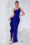 Black One Shoulder Satin Mermaid Long Formal Dress with Ruffles