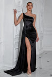 Black One Shoulder Sheath Long Formal Dress with Slit