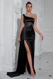 Black One Shoulder Sheath Long Formal Dress with Slit