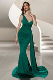 Mermaid Dark Green One Shoulder Sweep Train Formal Dress