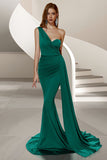 Mermaid Dark Green One Shoulder Sweep Train Formal Dress