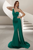 Mermaid Dark Green One Shoulder Sweep Train Formal Dress