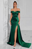 Mermaid Off the Shoulder Dark Green Ruched Slit Formal Dress