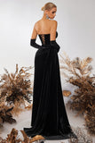 Black Bateau Sheath Corset Velvet Formal Dress with Slit