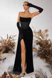 Black Bateau Sheath Corset Velvet Formal Dress with Slit
